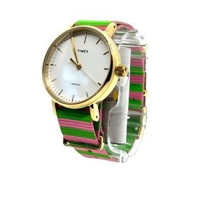 Brand New in Box Timex 37MM Gold Fairfield Round Watch with Pink Green Strap